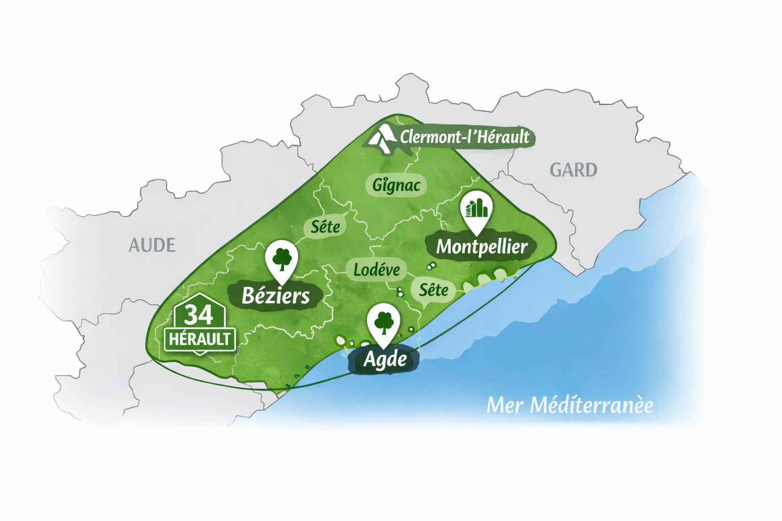 carte de nos interventions en élagage dans l'Hérault